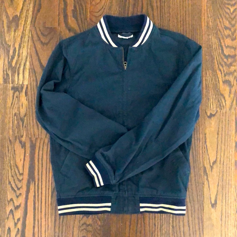 Navy blue, light bomber jacket.